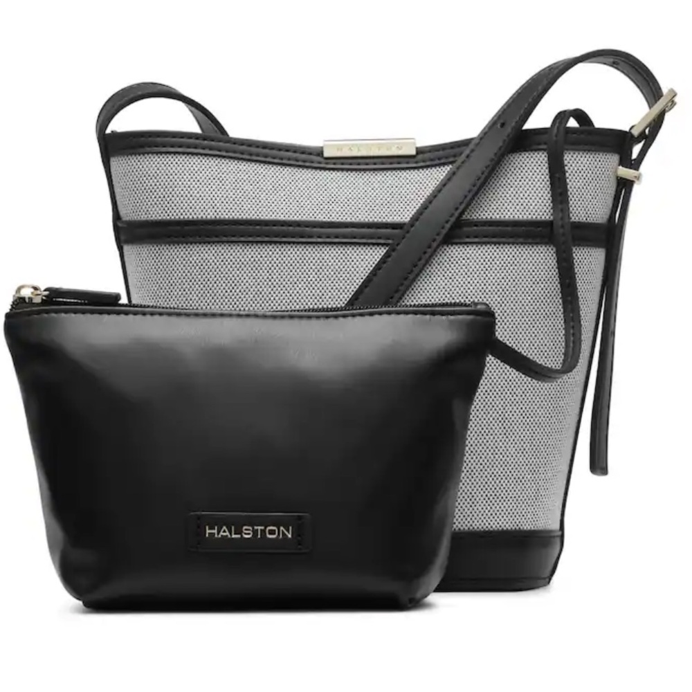 ❗️Halston Jagger Faux Leather Black Bucket Crossbody Bag Set NWT $138!